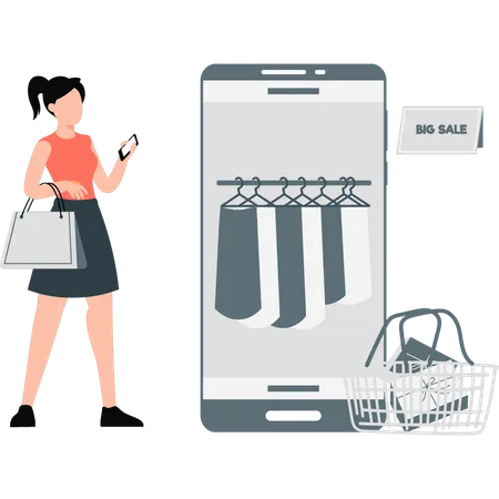 Girl Is Using Mobile For Online Shopping Illustration
