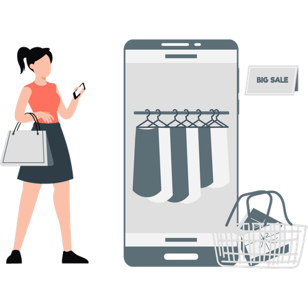 Woman using mobile for online shopping  Illustration