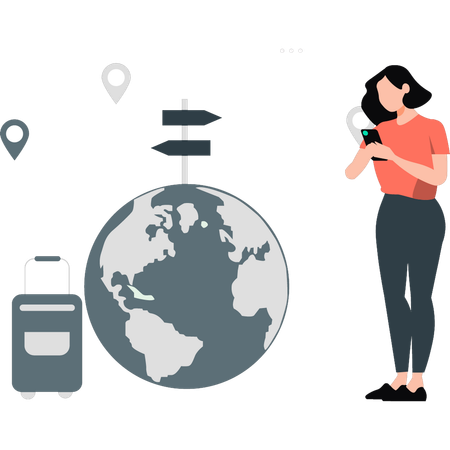 Woman using mobile for world tour location  Illustration