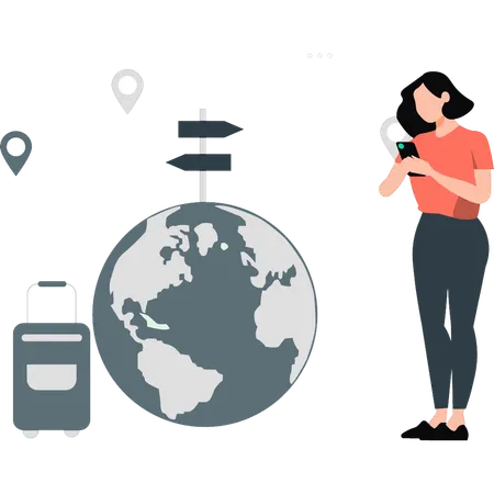 Woman using mobile for world tour location  Illustration