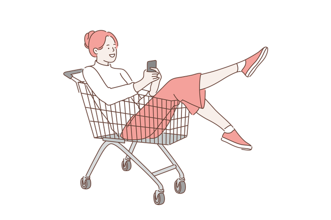 Woman using mobile in shopping trolley  Illustration
