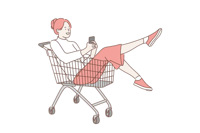 Shopping Girl Sale Discounts Concept Young Happy Woman Or Girl In A Wonderful Mood Sitting In A Shopping Cart Looking At The Phone Cute Smiling Lady Takes A Selfie Simple Flat Vector Illustration