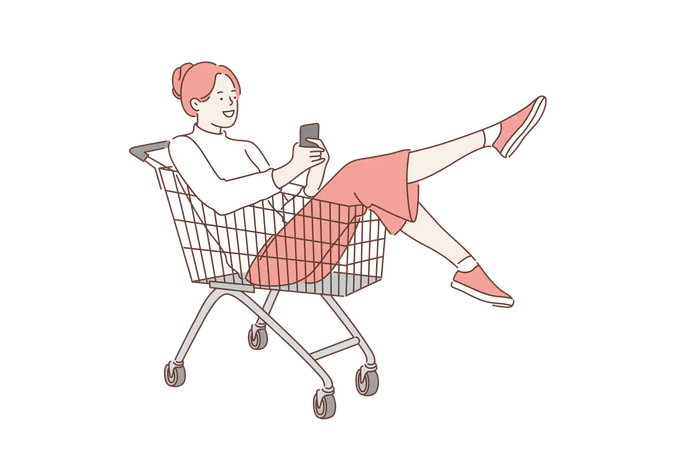 Woman using mobile in shopping trolley  Illustration