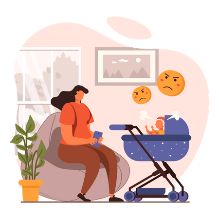 Woman using mobile instead of paying attention to baby Illustration