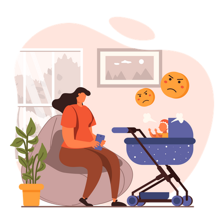 Woman using mobile instead of paying attention to baby  Illustration