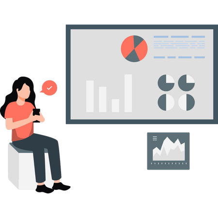 Woman using mobile looking business analysis data  Illustration