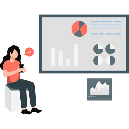 Woman using mobile looking business analysis data  Illustration