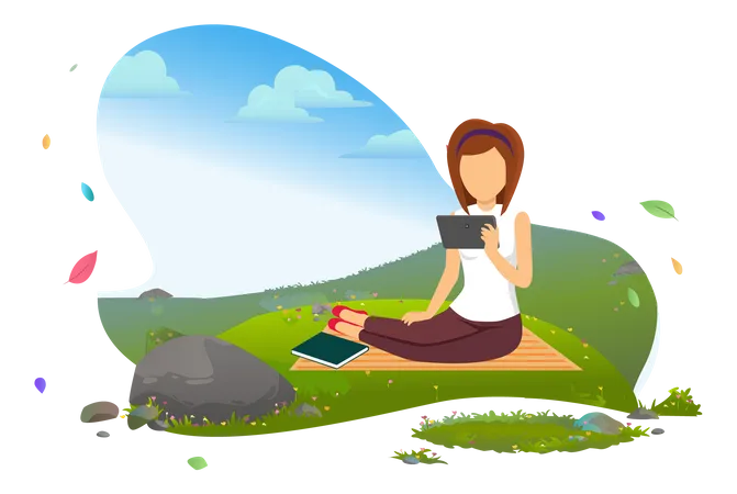 Woman using mobile on adventure camp  Illustration