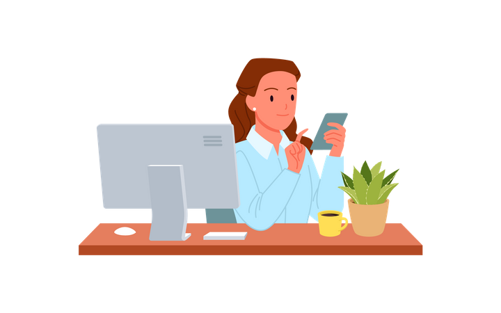 Woman using mobile on desk  Illustration