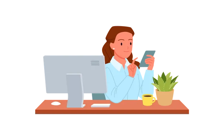 Woman using mobile on desk  Illustration