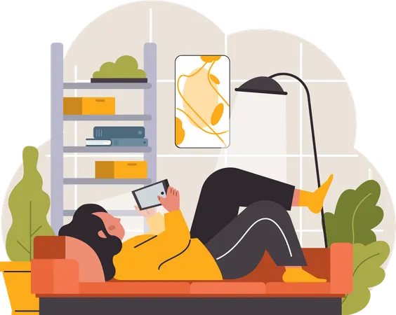 Woman using mobile on sofa  Illustration