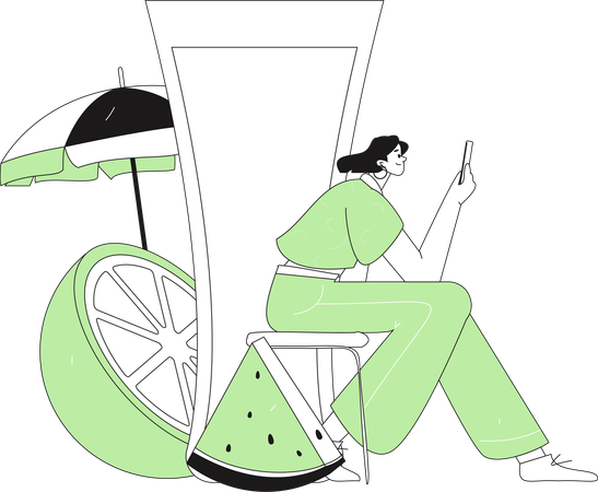 Woman using mobile on summer vacation  Illustration