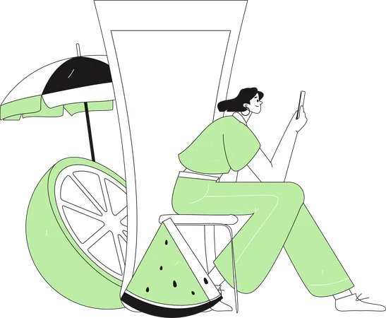 Woman using mobile on summer vacation  Illustration