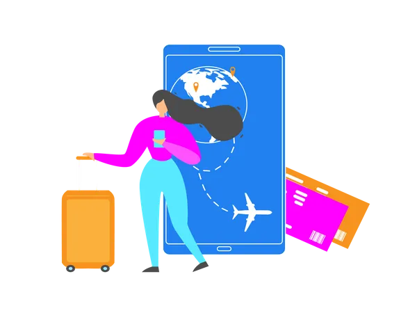 Woman Using Mobile Phone Application for Booking Flight Tickets Illustration