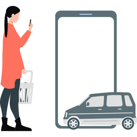 Woman using mobile phone for booking taxi  Illustration