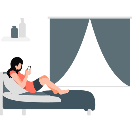 Woman using mobile phone in her bedroom  イラスト