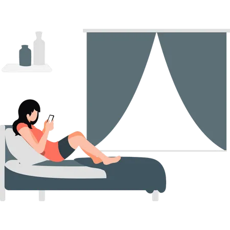 A Girl Is Using A Mobile Phone In Her Bedroom Illustration