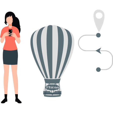 Woman using mobile standing near balloon  Illustration