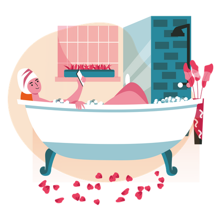 Woman using mobile while bathing Illustration