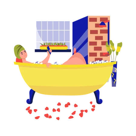 Woman using mobile while bathing  Illustration