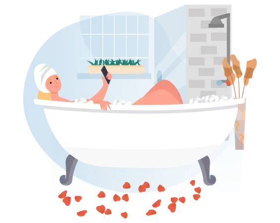 Woman using mobile while bathing  Illustration