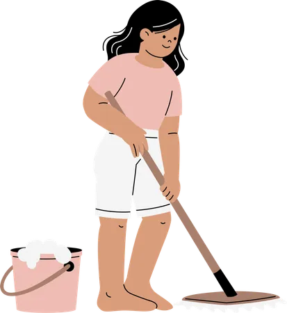 Woman using mop to clean floor  Illustration