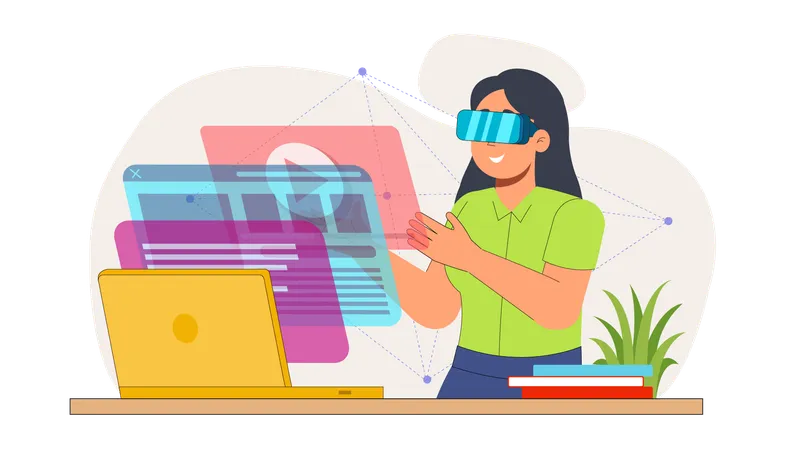 Woman using multiwindow using VR glasses  Illustration