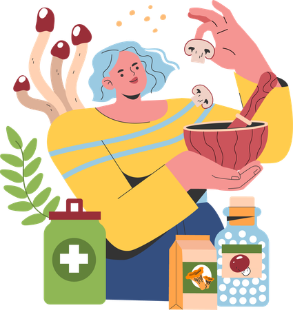 Woman using mushroom to making medicine  Illustration