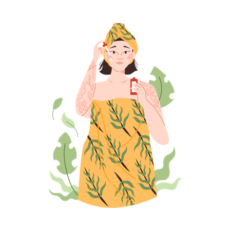 Woman using natural cosmetic oil for beauty  Illustration