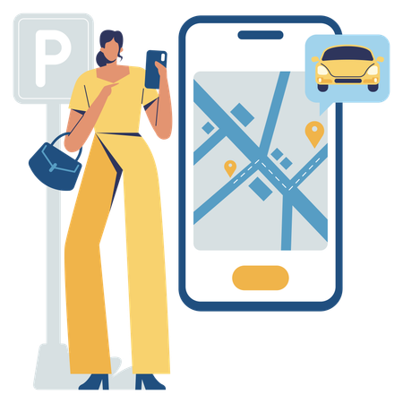 Woman using online transportation app  Illustration