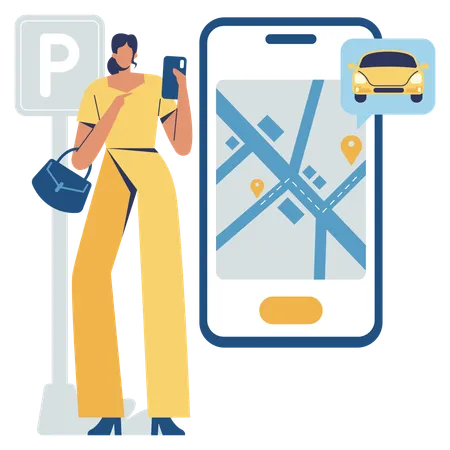 Woman using online transportation app  Illustration