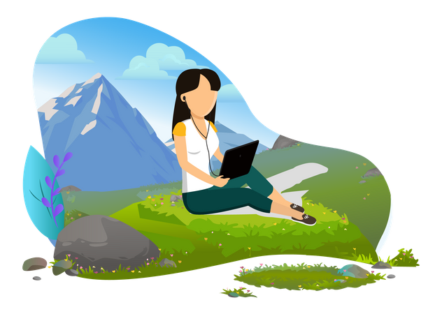 Woman using phone on adventure camp  Illustration