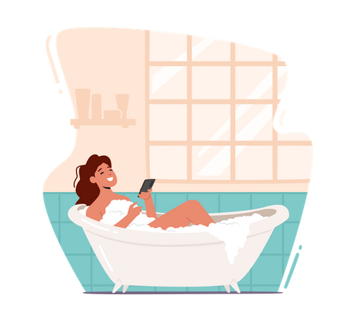 Woman Using Phone While Having Bath In Bathtub Illustration