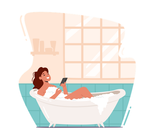 Woman Using Phone While Having Bath In Bathtub  Illustration