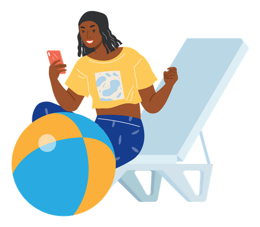 Woman using phone while on beach vacation  イラスト