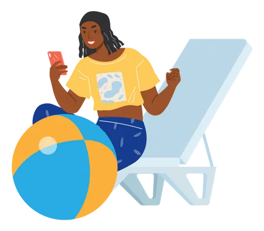 Woman using phone while on beach vacation  Illustration