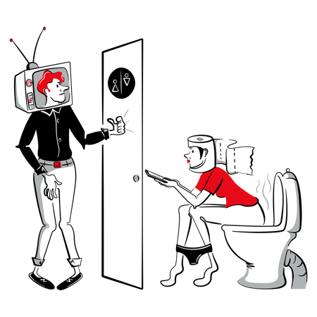 Woman using phone while sitting in toilet Illustration