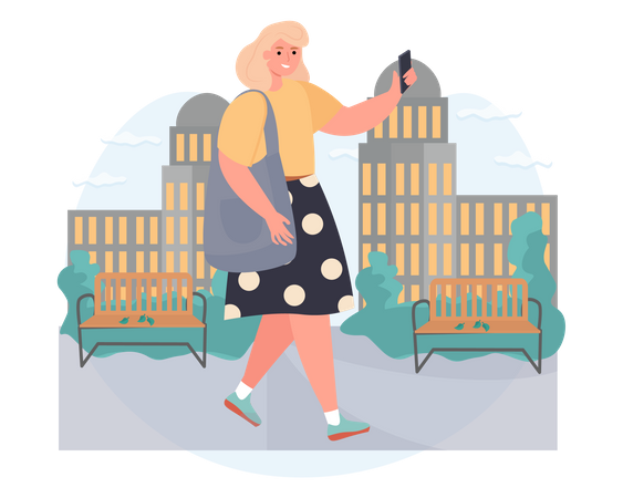 Woman using phone while walking Illustration