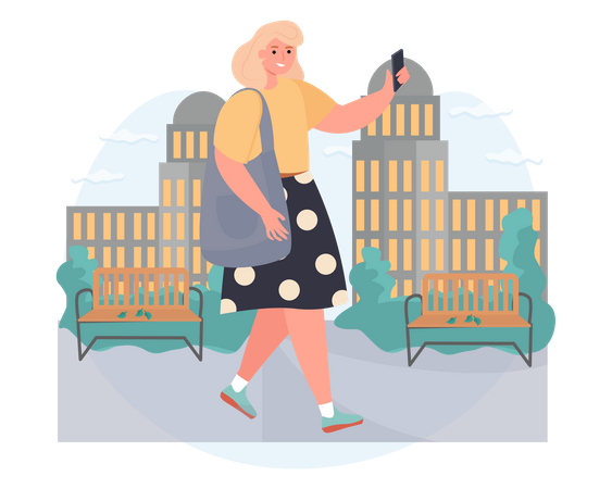 Woman using phone while walking  Illustration