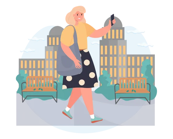 Woman using phone while walking  Illustration