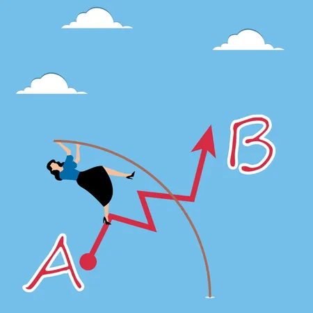 Woman using pole jumps from A to B  Illustration