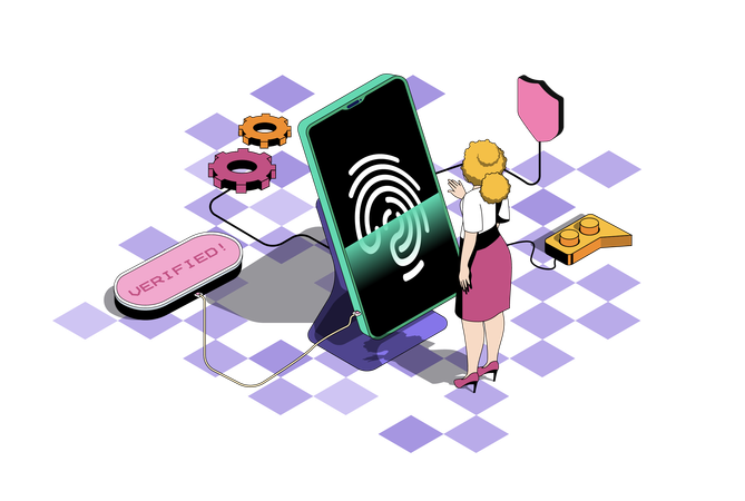 Woman using secure access to mobile phone with id verification and fingerprint scanning  Illustration