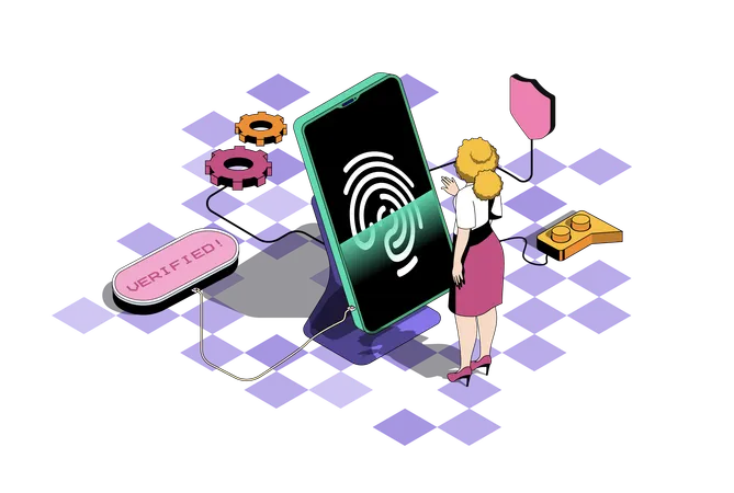 Woman using secure access to mobile phone with id verification and fingerprint scanning  Illustration