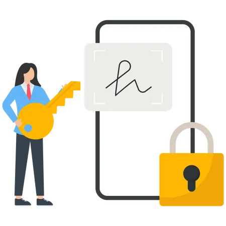 Woman using secure electronic signature to signing smart digital contract  Illustration