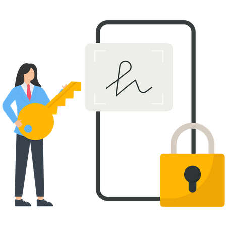 Woman using secure electronic signature to signing smart digital contract  Illustration