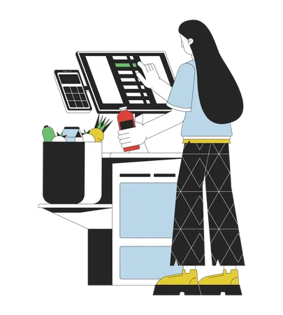 Woman using self checkout terminal  Illustration