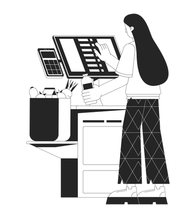 Woman using self checkout terminal  Illustration