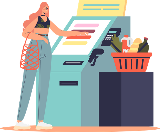 Woman using self service cashier terminal in supermarket Illustration