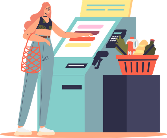 Woman using self service cashier terminal in supermarket  Illustration