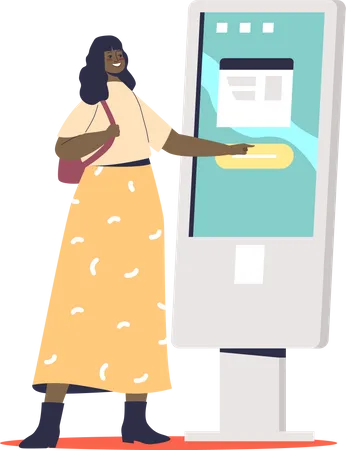 Woman Using Self Service Payment And Information Electronic Terminal With Touch Screen Cartoon Female At Modern Digital Signage Flat Vector Illustration Illustration